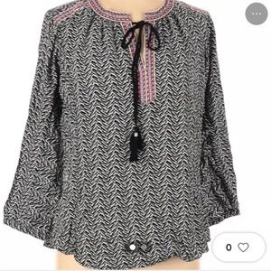 Daniel Rainn top boho embroidered tie neck tassels silver beads black white S